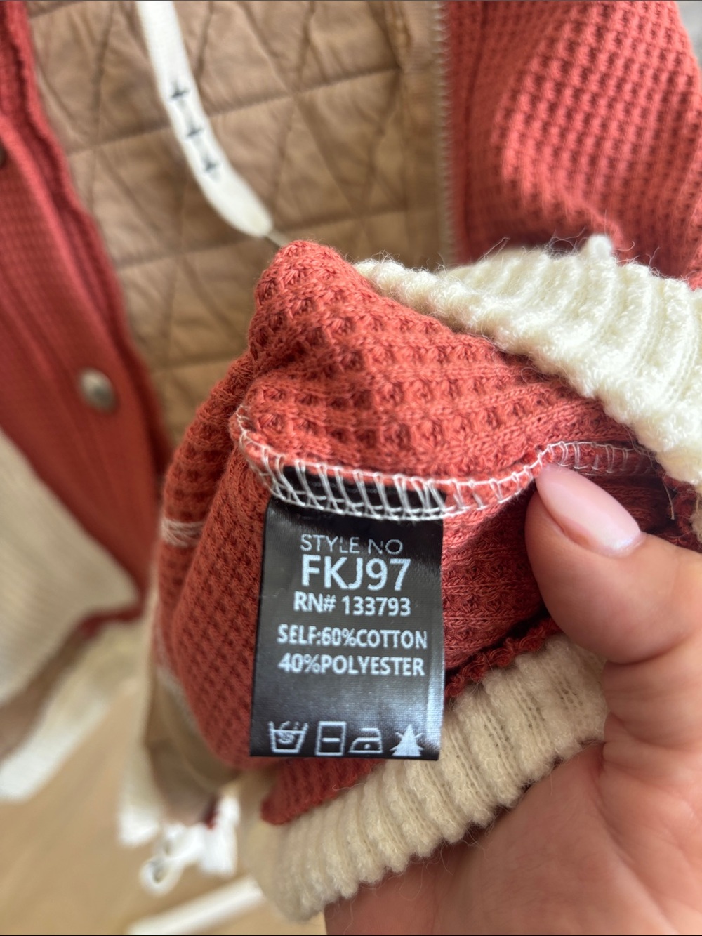 POL Quilted & Knit Hooded Cardigan Sweater - Rust, Tan & Cream - Picture 2 of 5
